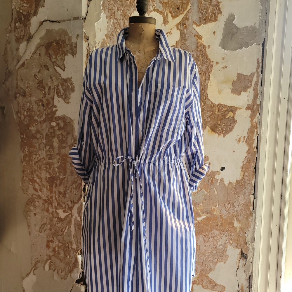 Blue and White Striped Shirt Dress